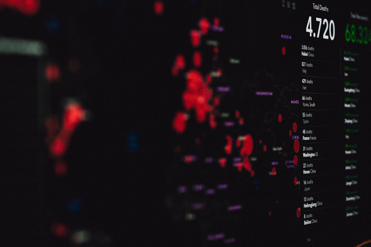 journey Data visualization screen showing COVID-19 pandemic statistics and geographic spread.